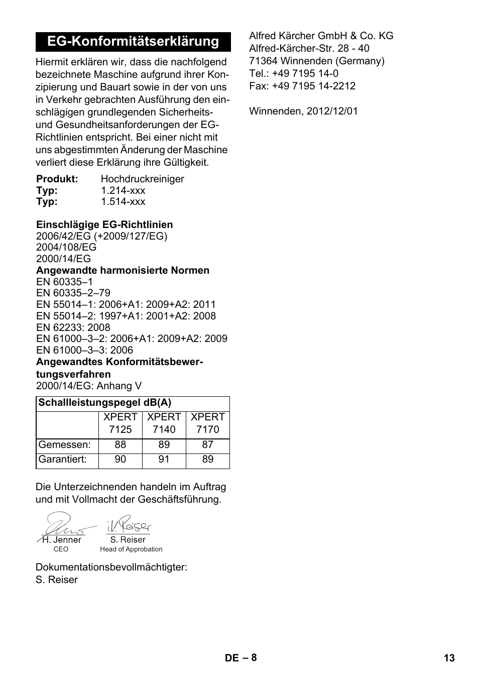 Eg-konformitätserklärung | Karcher Xpert HD 7140 X User Manual | Page 13 / 276