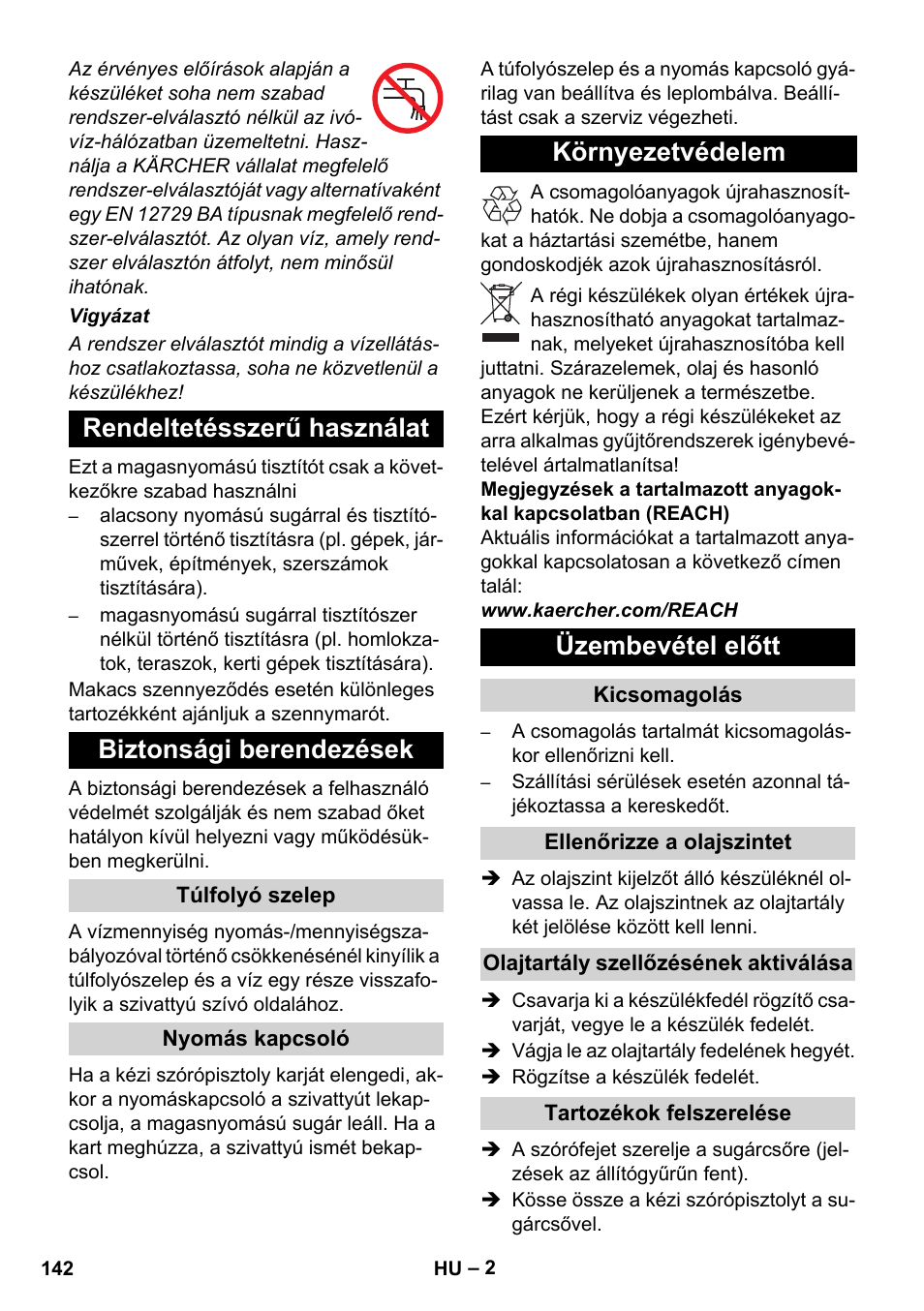 Rendeltetésszerű használat biztonsági berendezések, Környezetvédelem üzembevétel előtt | Karcher Xpert HD 7140 X User Manual | Page 142 / 276