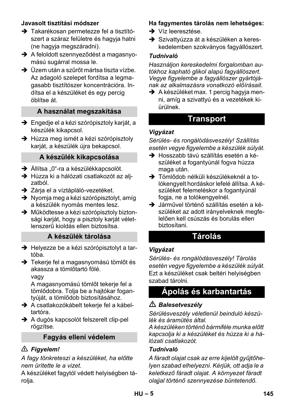 Transport tárolás ápolás és karbantartás | Karcher Xpert HD 7140 X User Manual | Page 145 / 276