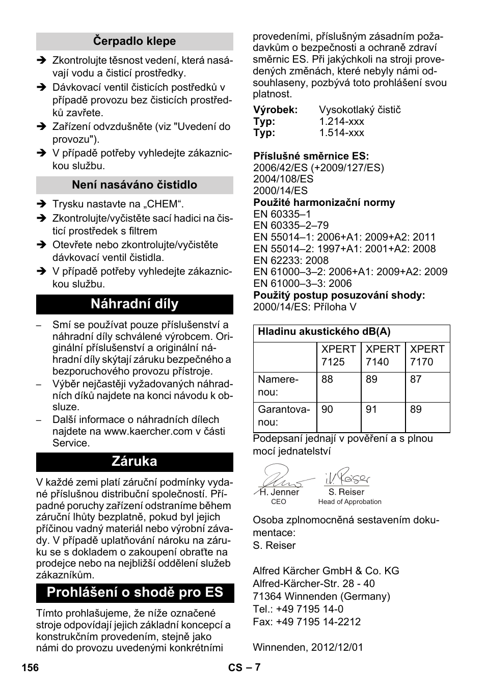 Náhradní díly záruka prohlášení o shodě pro es | Karcher Xpert HD 7140 X User Manual | Page 156 / 276