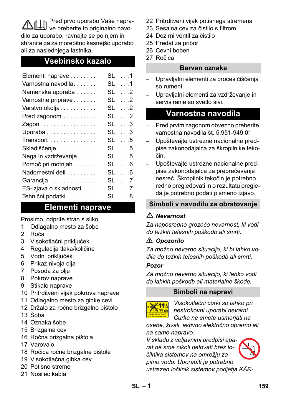 Slovenščina, Vsebinsko kazalo, Elementi naprave | Varnostna navodila | Karcher Xpert HD 7140 X User Manual | Page 159 / 276