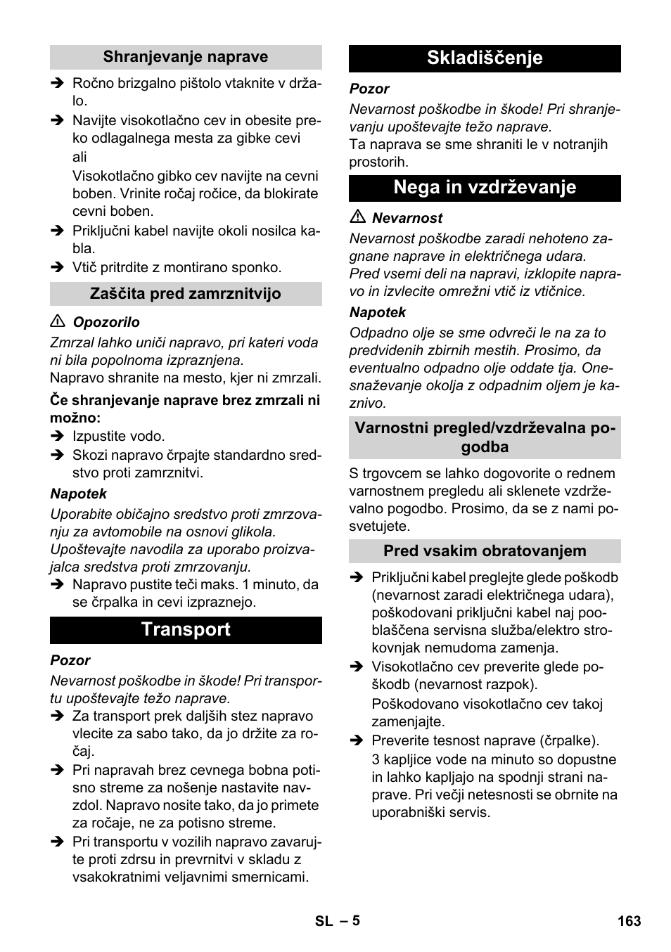 Transport skladiščenje nega in vzdrževanje | Karcher Xpert HD 7140 X User Manual | Page 163 / 276