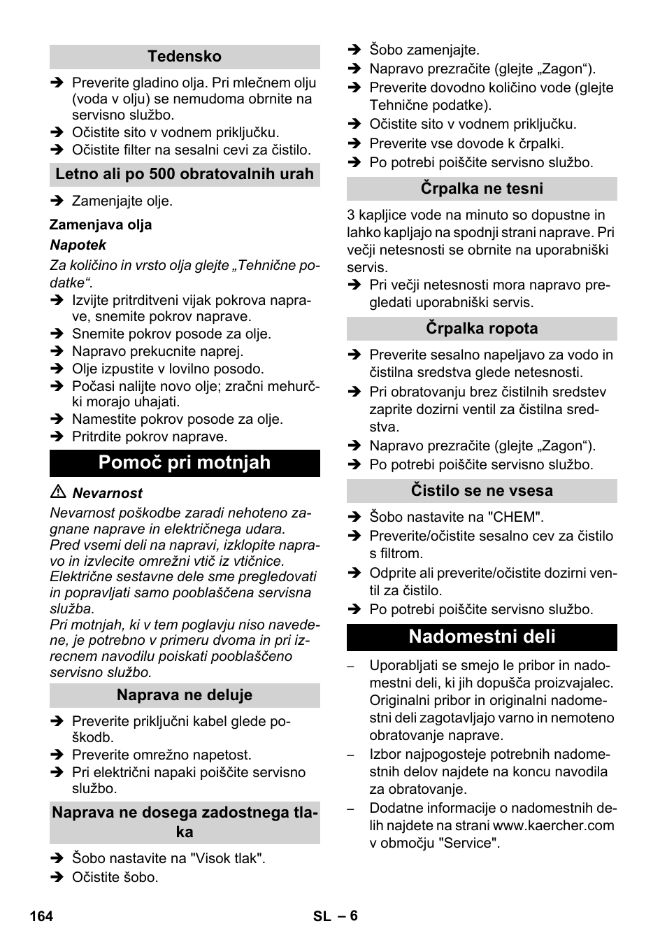 Pomoč pri motnjah, Nadomestni deli | Karcher Xpert HD 7140 X User Manual | Page 164 / 276