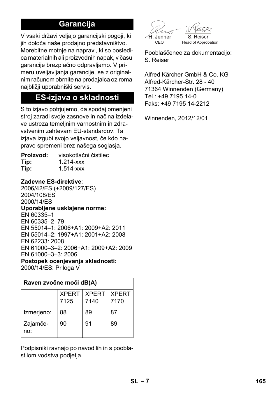 Garancija es-izjava o skladnosti | Karcher Xpert HD 7140 X User Manual | Page 165 / 276