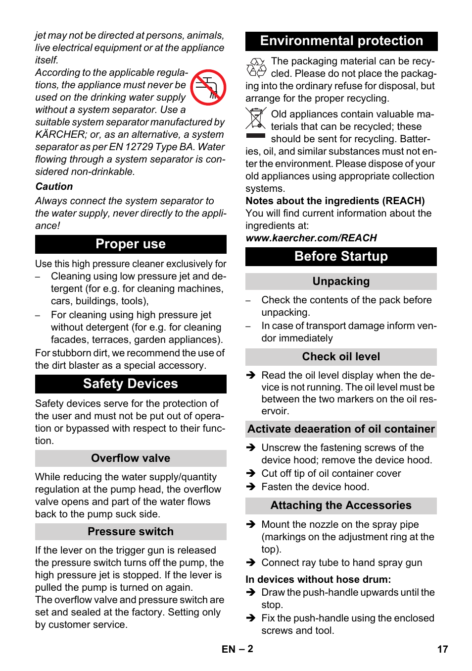 Proper use safety devices, Environmental protection before startup | Karcher Xpert HD 7140 X User Manual | Page 17 / 276