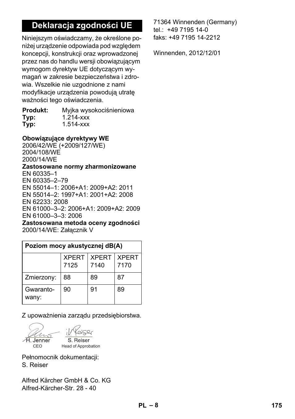 Deklaracja zgodności ue | Karcher Xpert HD 7140 X User Manual | Page 175 / 276