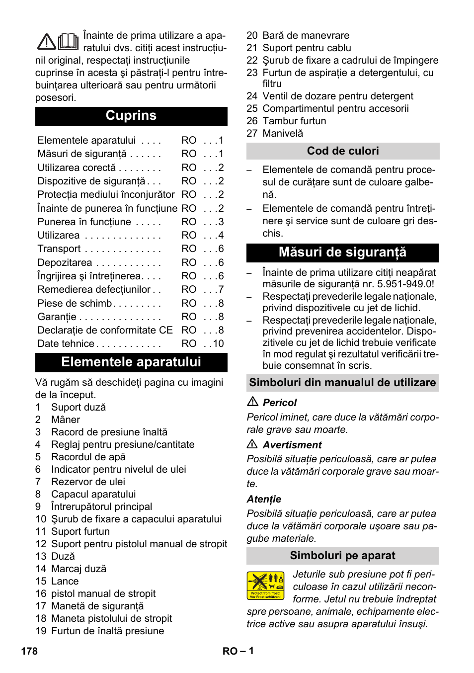 Româneşte, Cuprins, Elementele aparatului | Măsuri de siguranţă | Karcher Xpert HD 7140 X User Manual | Page 178 / 276