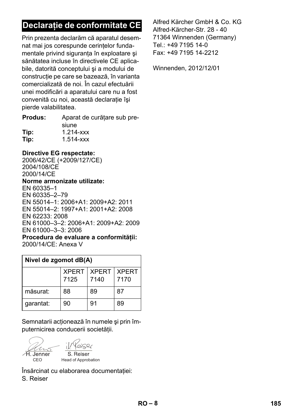 Declaraţie de conformitate ce | Karcher Xpert HD 7140 X User Manual | Page 185 / 276