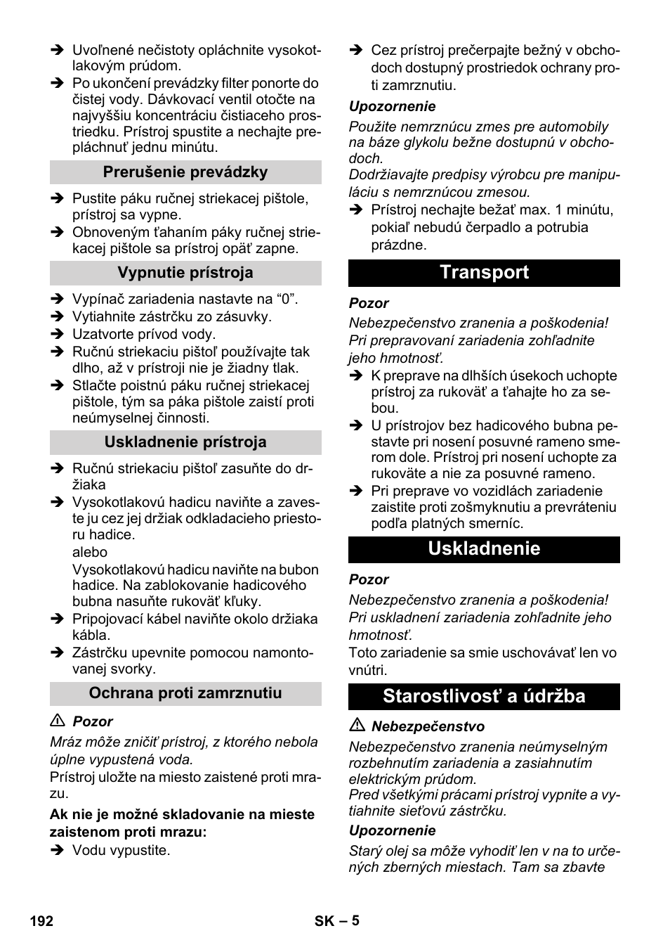 Transport uskladnenie starostlivosť a údržba | Karcher Xpert HD 7140 X User Manual | Page 192 / 276