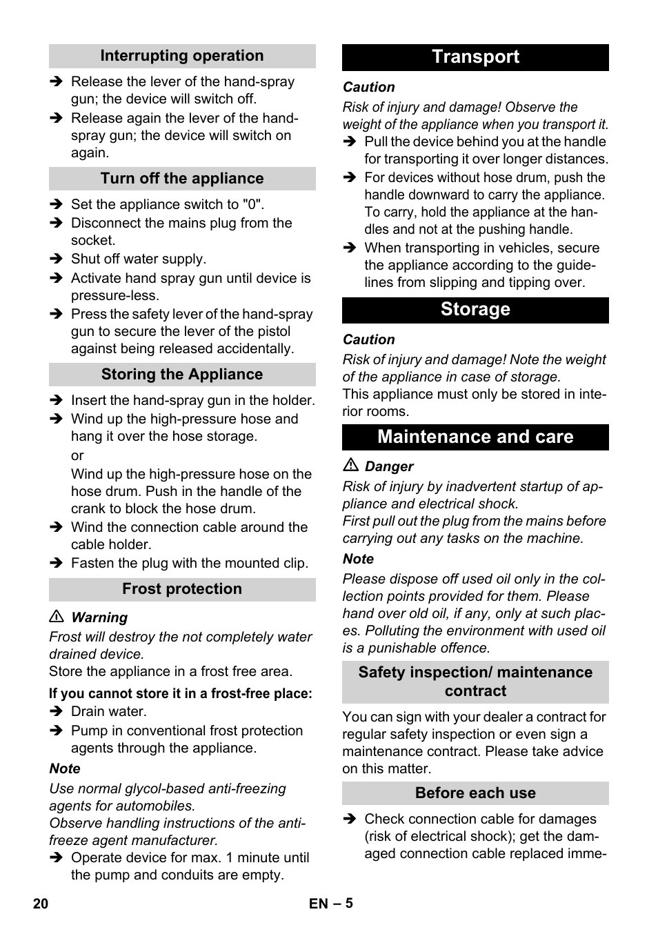 Transport storage maintenance and care | Karcher Xpert HD 7140 X User Manual | Page 20 / 276