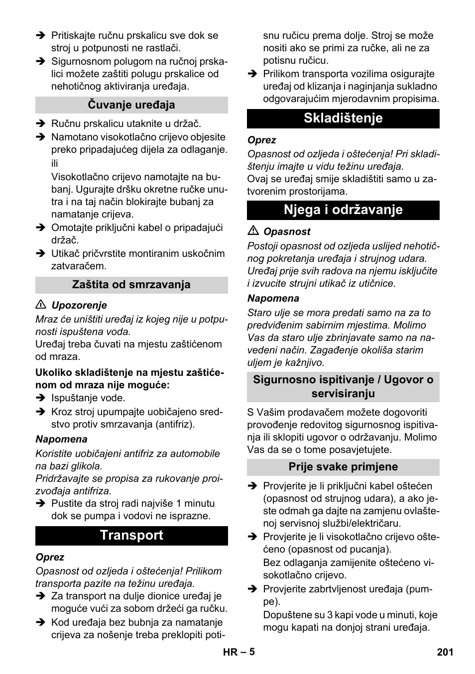 Transport skladištenje njega i održavanje | Karcher Xpert HD 7140 X User Manual | Page 201 / 276