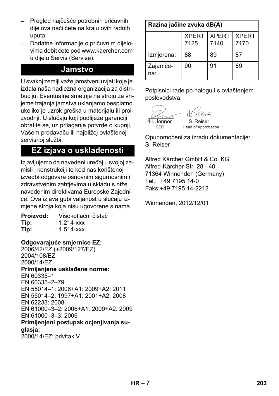 Jamstvo ez izjava o usklađenosti | Karcher Xpert HD 7140 X User Manual | Page 203 / 276