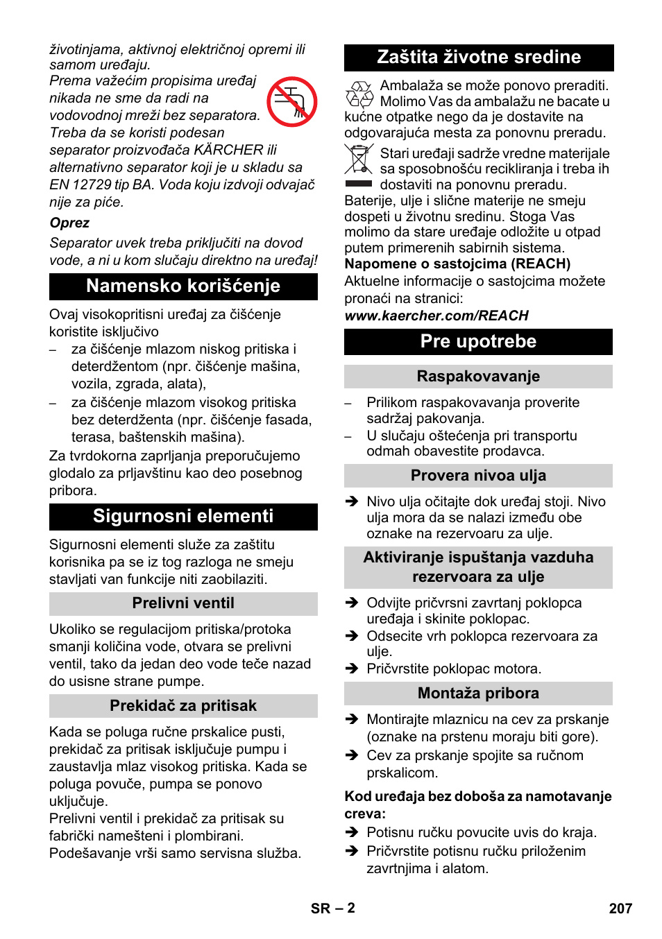 Namensko korišćenje sigurnosni elementi, Zaštita životne sredine pre upotrebe | Karcher Xpert HD 7140 X User Manual | Page 207 / 276