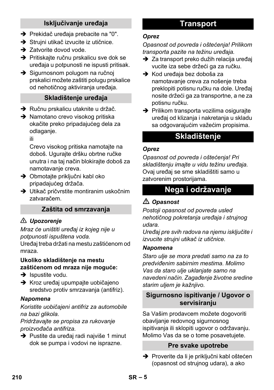 Transport skladištenje nega i održavanje | Karcher Xpert HD 7140 X User Manual | Page 210 / 276