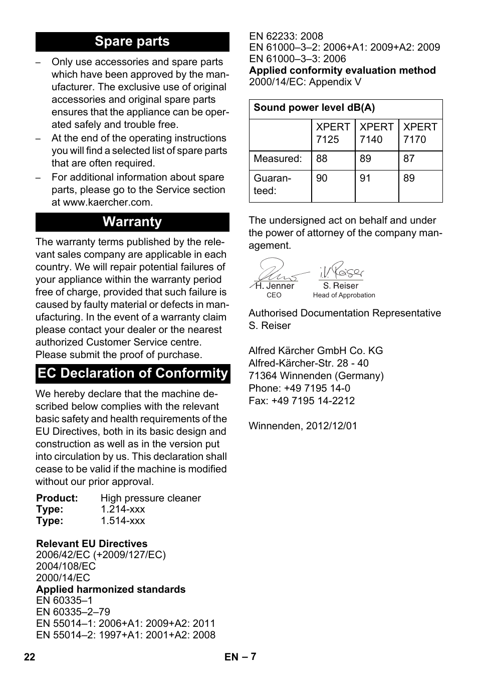 Spare parts warranty ec declaration of conformity | Karcher Xpert HD 7140 X User Manual | Page 22 / 276