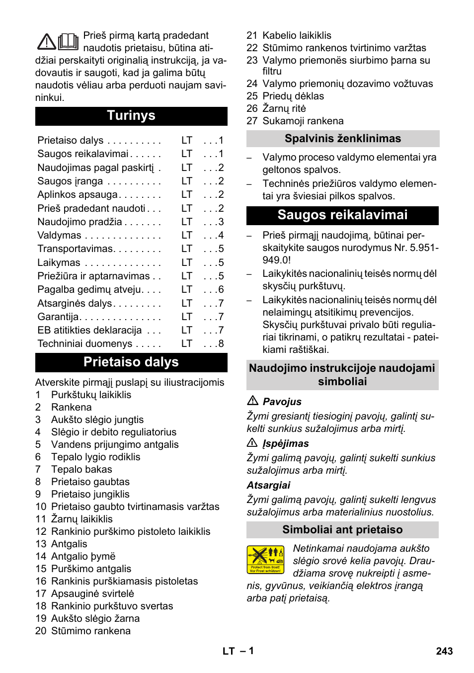 Lietuviškai, Turinys, Prietaiso dalys | Saugos reikalavimai | Karcher Xpert HD 7140 X User Manual | Page 243 / 276