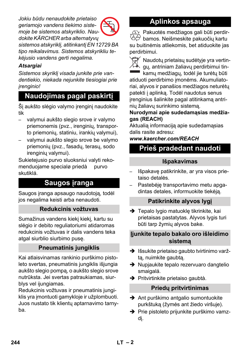 Naudojimas pagal paskirtį saugos įranga, Aplinkos apsauga prieš pradedant naudoti | Karcher Xpert HD 7140 X User Manual | Page 244 / 276