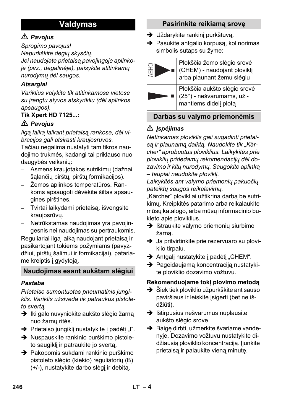 Valdymas | Karcher Xpert HD 7140 X User Manual | Page 246 / 276