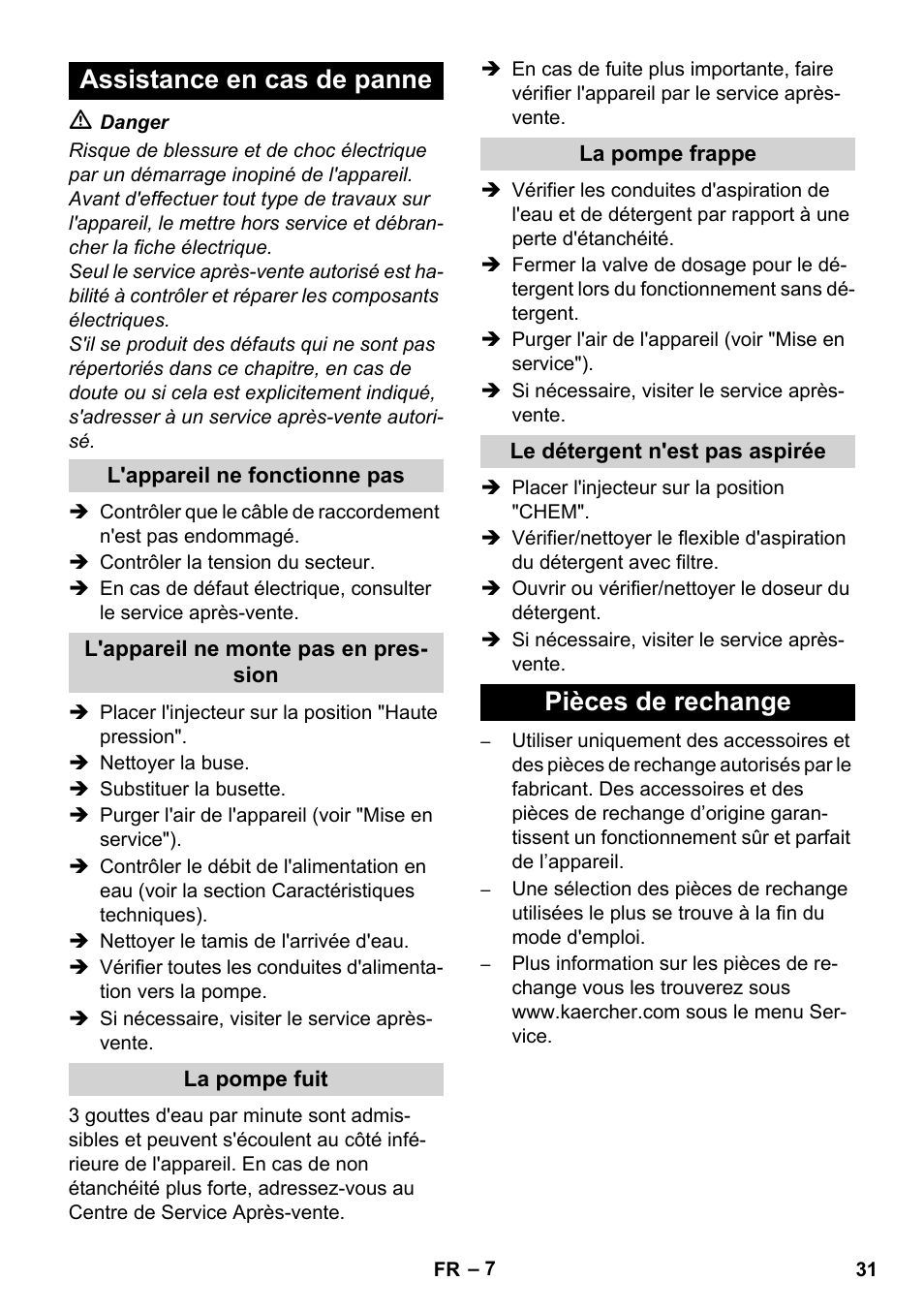 Assistance en cas de panne, Pièces de rechange | Karcher Xpert HD 7140 X User Manual | Page 31 / 276