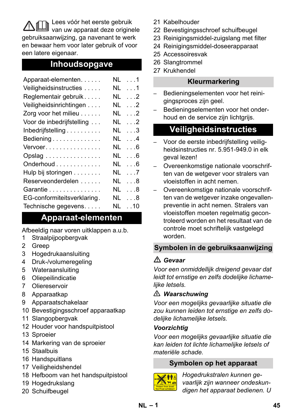 Nederlands, Inhoudsopgave, Apparaat-elementen | Veiligheidsinstructies | Karcher Xpert HD 7140 X User Manual | Page 45 / 276