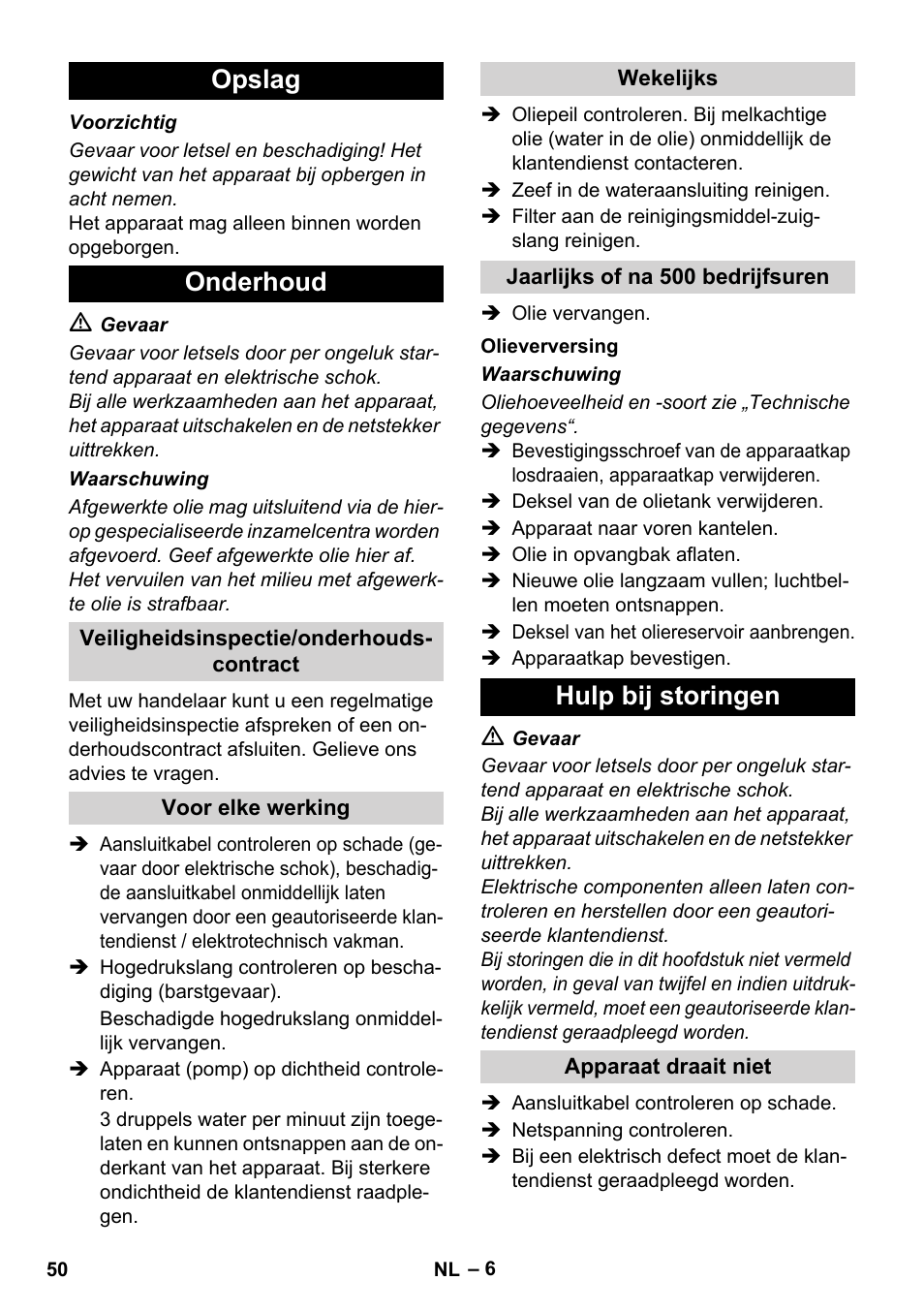 Opslag onderhoud, Hulp bij storingen | Karcher Xpert HD 7140 X User Manual | Page 50 / 276