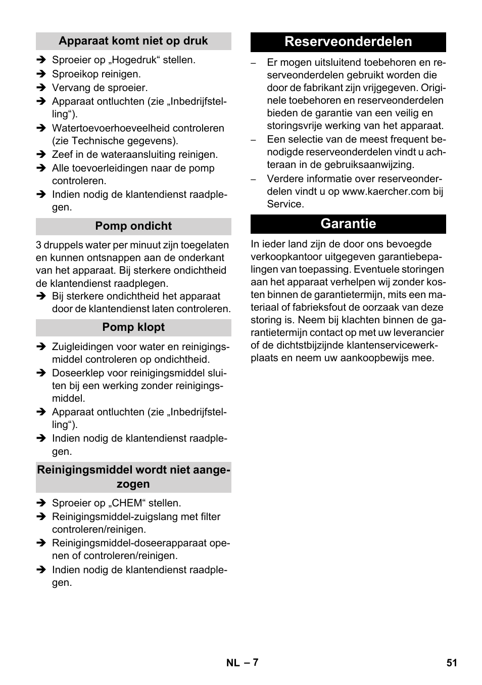 Reserveonderdelen garantie | Karcher Xpert HD 7140 X User Manual | Page 51 / 276