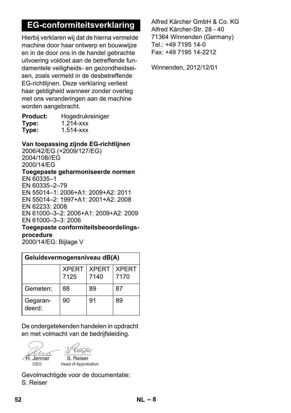 Eg-conformiteitsverklaring | Karcher Xpert HD 7140 X User Manual | Page 52 / 276