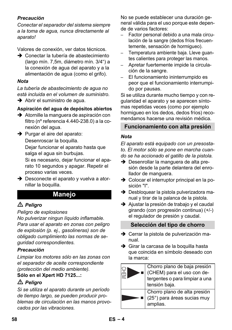 Manejo | Karcher Xpert HD 7140 X User Manual | Page 58 / 276