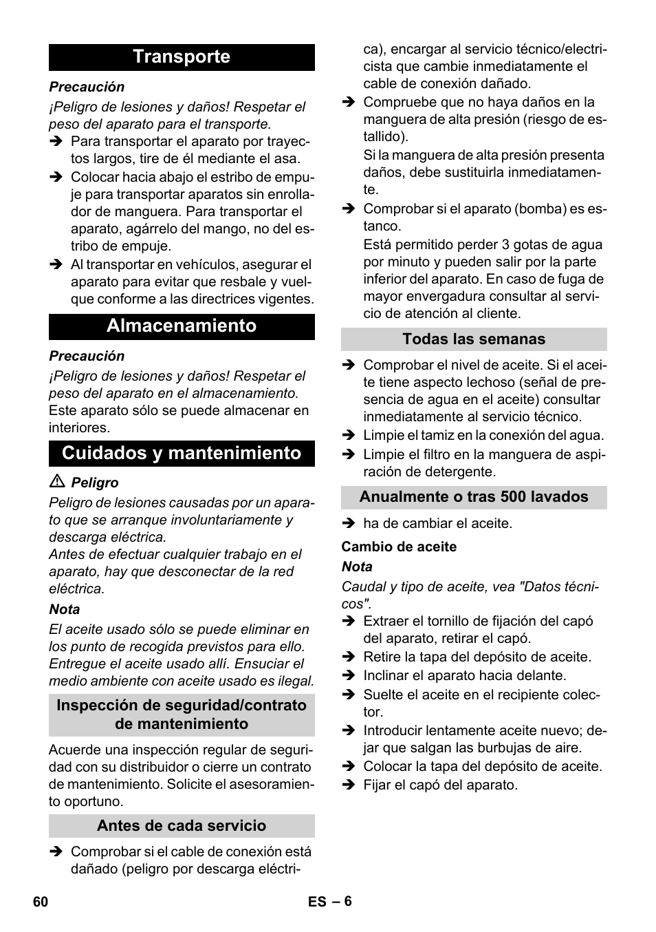 Transporte almacenamiento cuidados y mantenimiento | Karcher Xpert HD 7140 X User Manual | Page 60 / 276