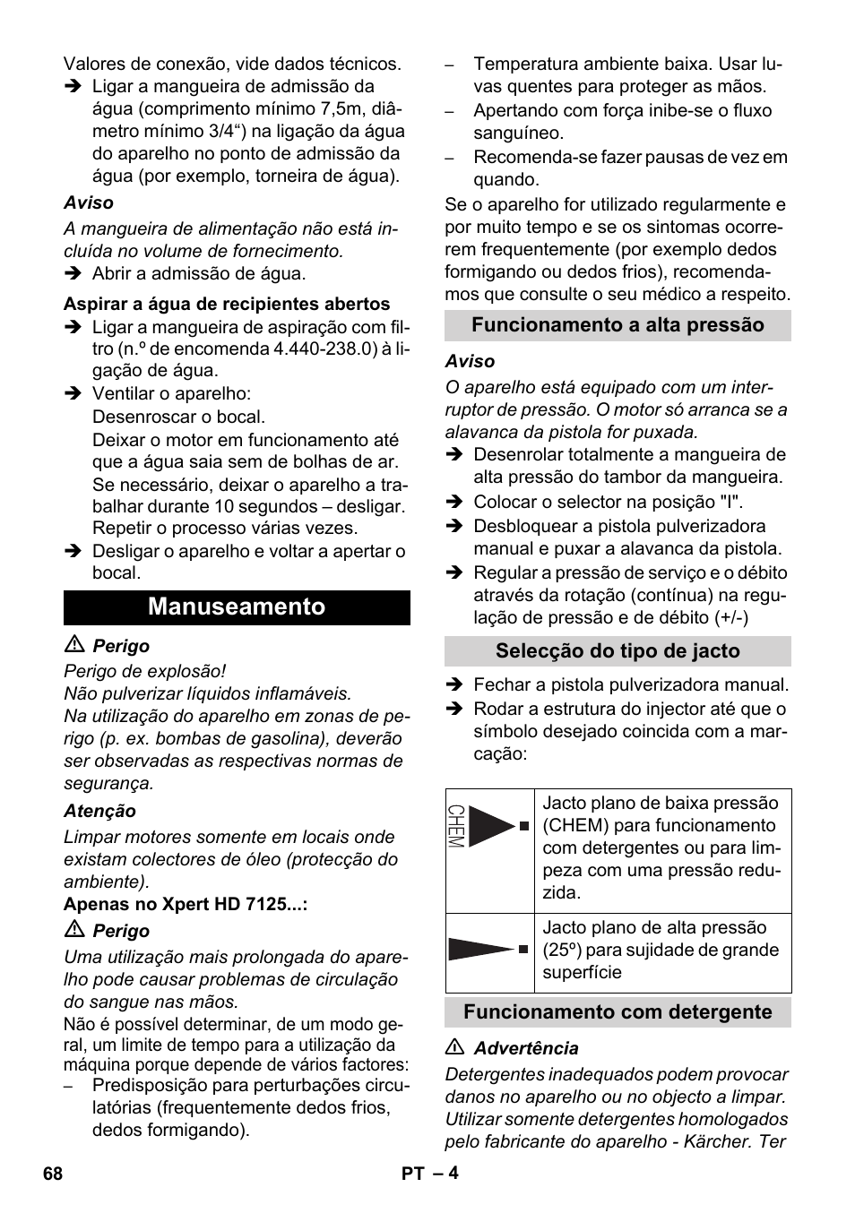 Manuseamento | Karcher Xpert HD 7140 X User Manual | Page 68 / 276