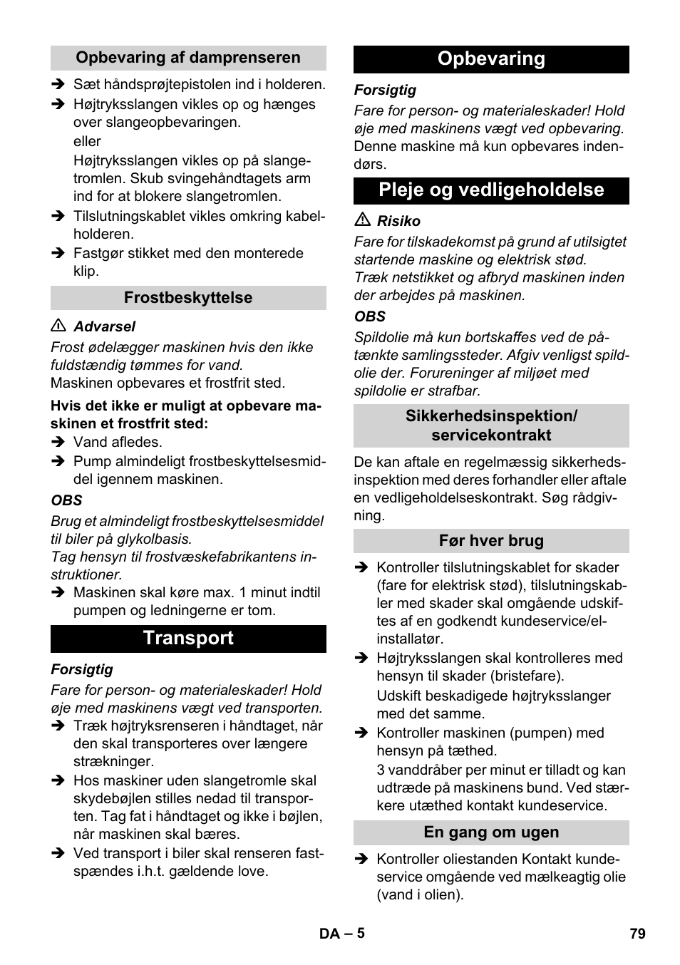 Transport opbevaring pleje og vedligeholdelse | Karcher Xpert HD 7140 X User Manual | Page 79 / 276