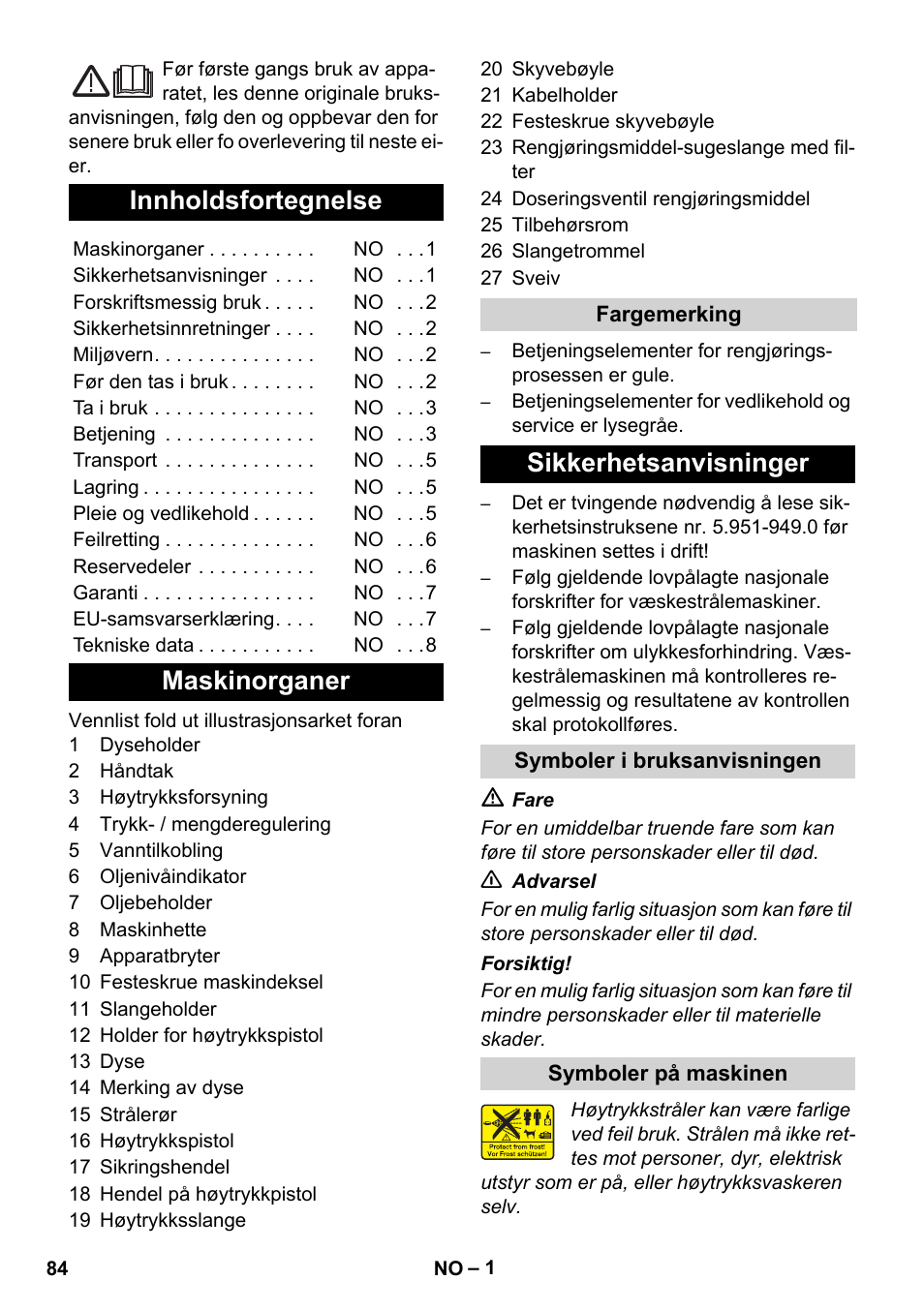 Norsk, Innholdsfortegnelse, Maskinorganer | Sikkerhetsanvisninger | Karcher Xpert HD 7140 X User Manual | Page 84 / 276