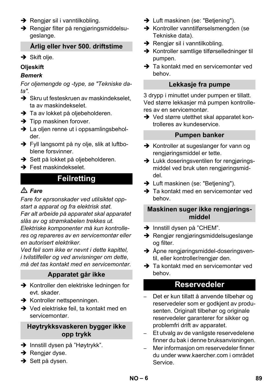 Feilretting, Reservedeler | Karcher Xpert HD 7140 X User Manual | Page 89 / 276