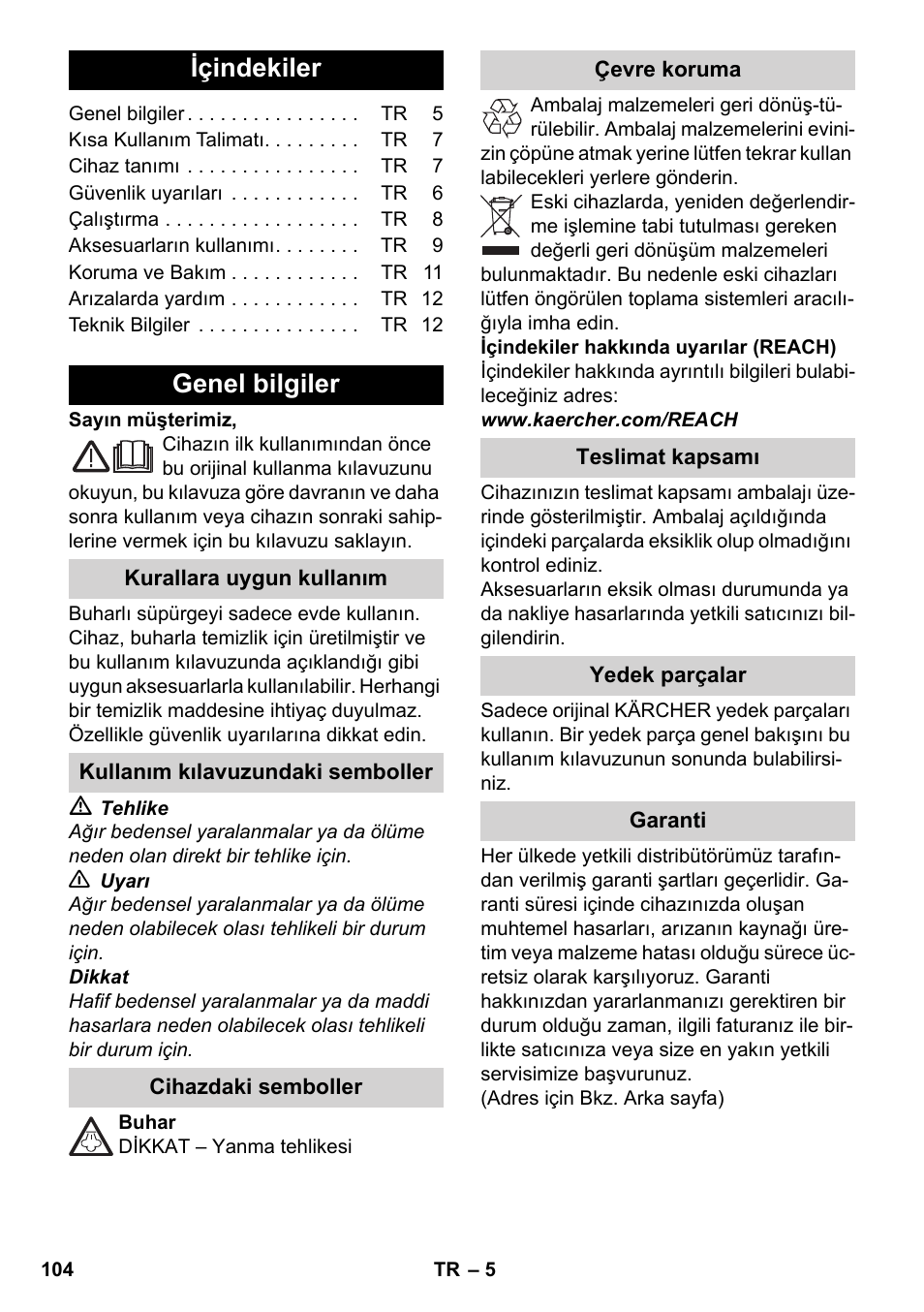 Türkçe, Içindekiler, Genel bilgiler | Karcher SC 3-000 User Manual | Page 104 / 246