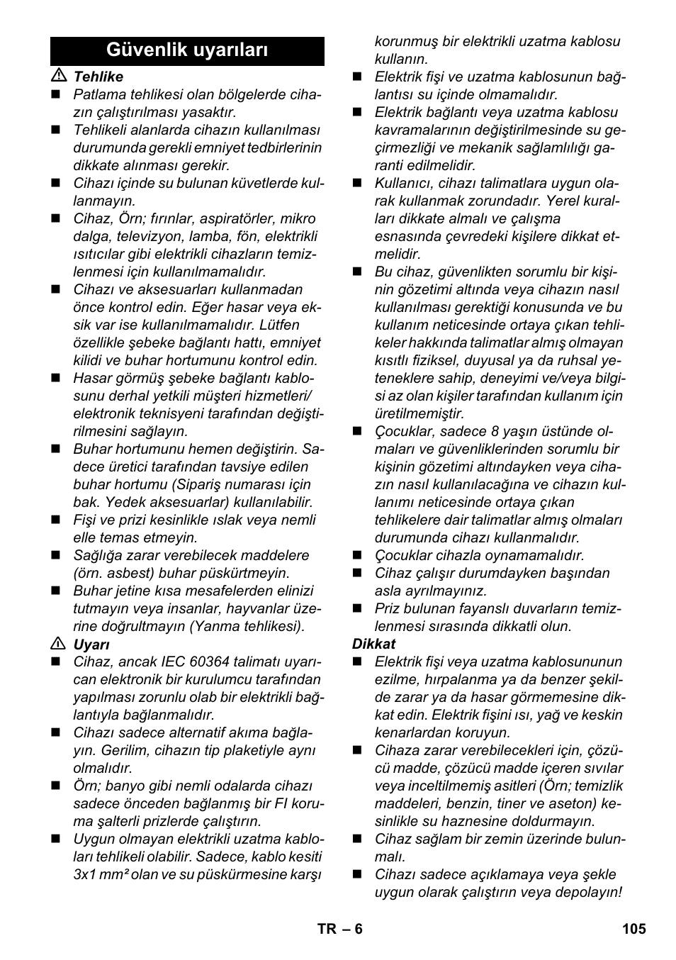 Güvenlik uyarıları | Karcher SC 3-000 User Manual | Page 105 / 246