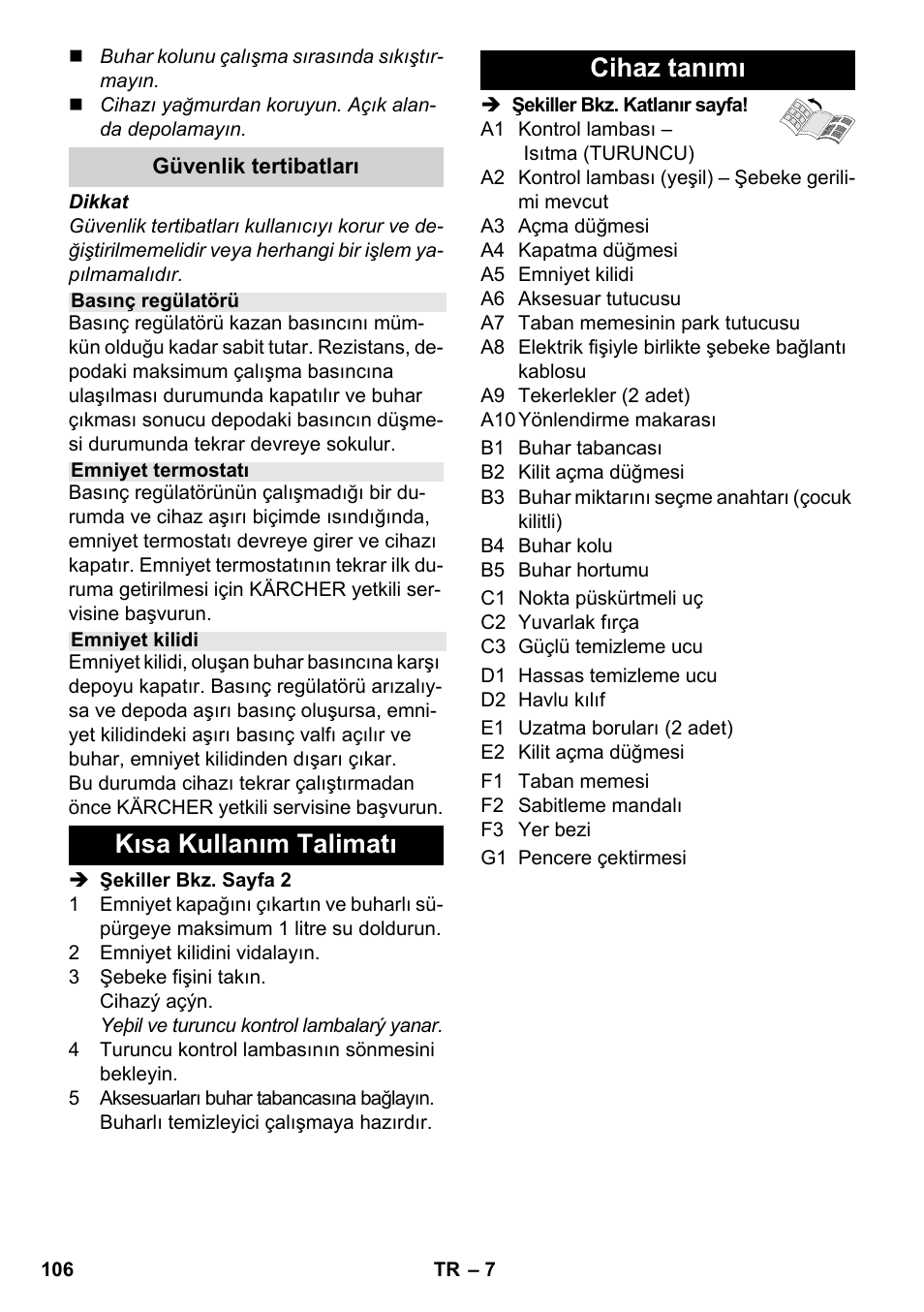 Kısa kullanım talimatı cihaz tanımı | Karcher SC 3-000 User Manual | Page 106 / 246