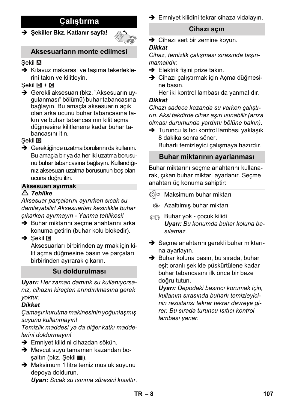 Çalıştırma | Karcher SC 3-000 User Manual | Page 107 / 246