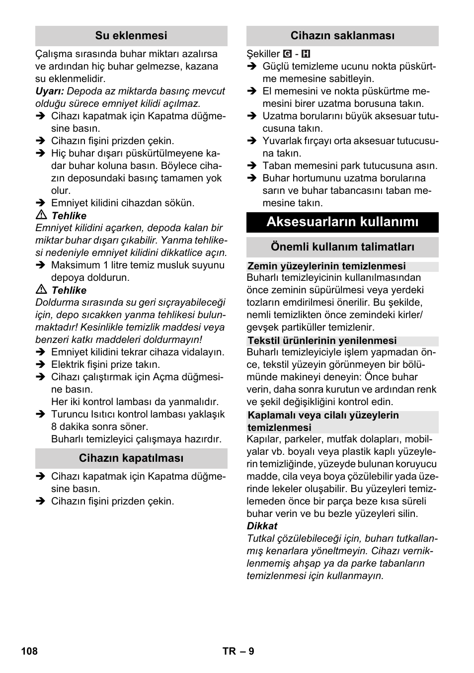 Aksesuarların kullanımı | Karcher SC 3-000 User Manual | Page 108 / 246