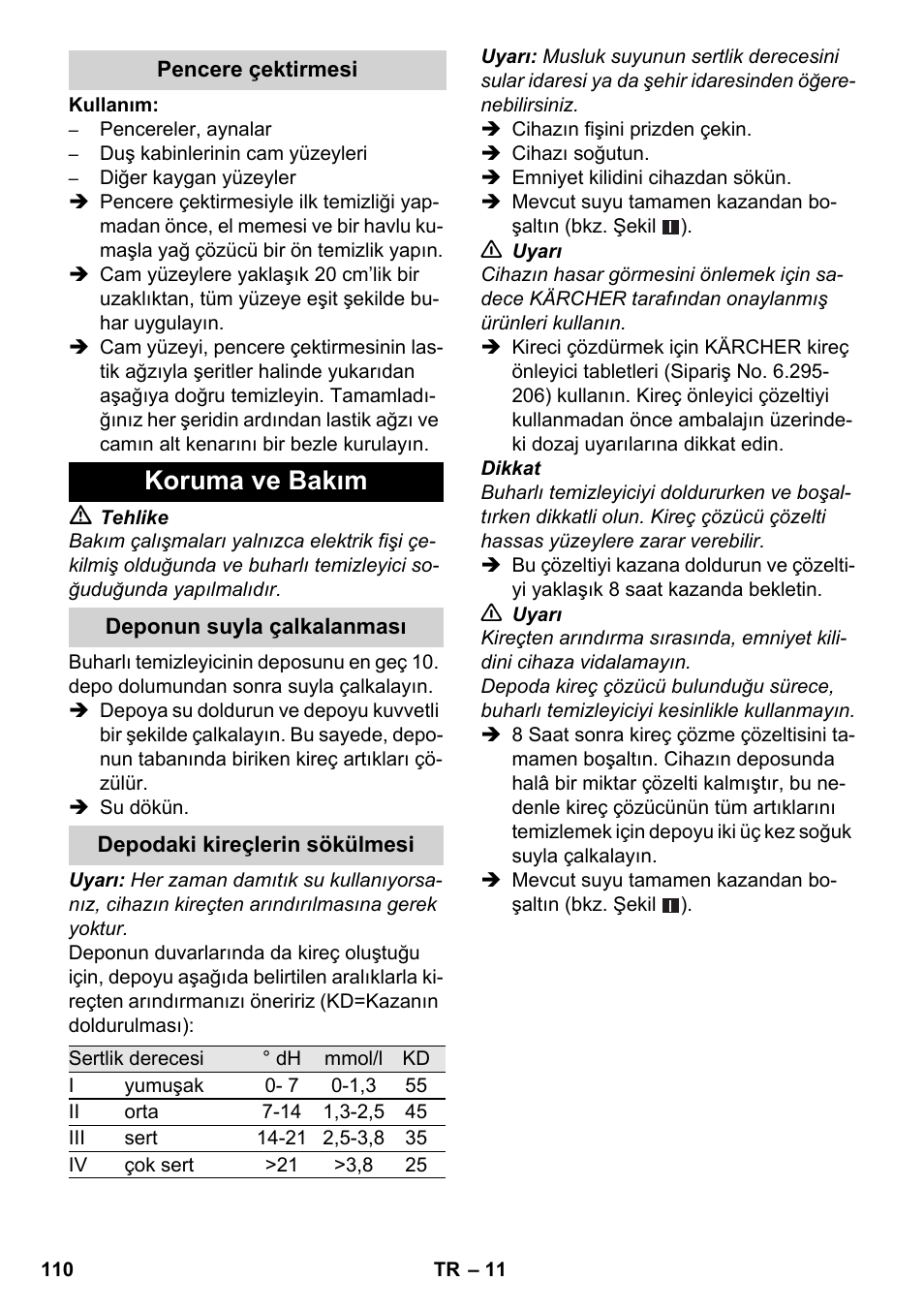 Koruma ve bakım | Karcher SC 3-000 User Manual | Page 110 / 246