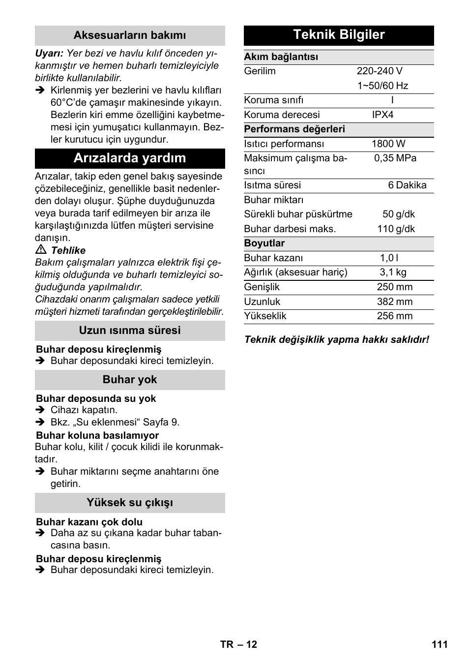 Arızalarda yardım, Teknik bilgiler | Karcher SC 3-000 User Manual | Page 111 / 246