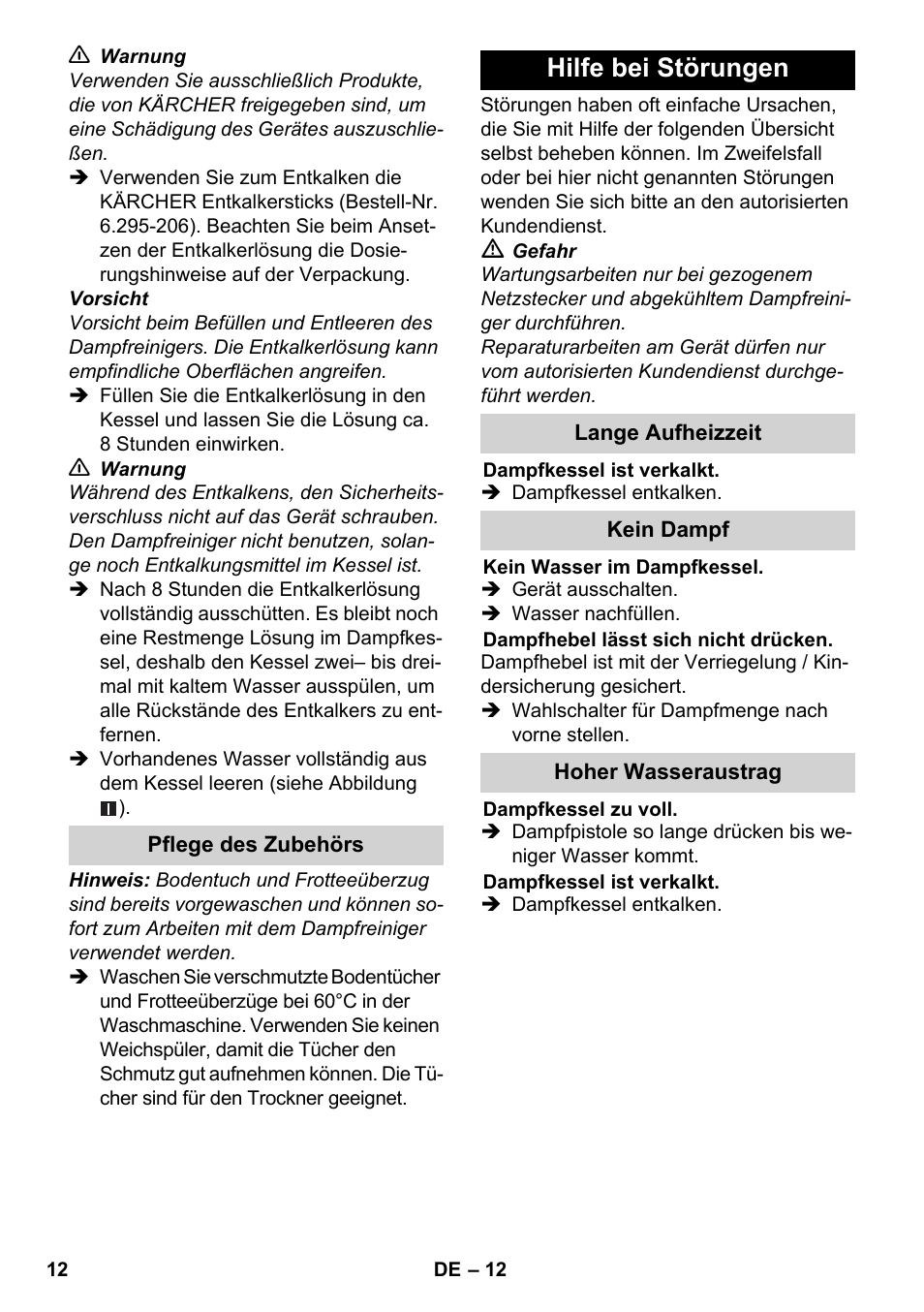 Hilfe bei störungen | Karcher SC 3-000 User Manual | Page 12 / 246