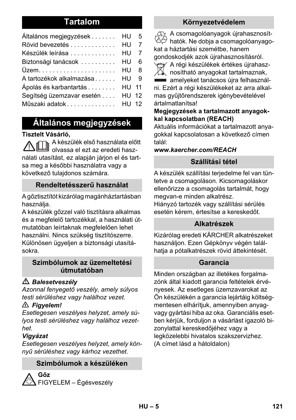 Magyar, Tartalom, Általános megjegyzések | Karcher SC 3-000 User Manual | Page 121 / 246