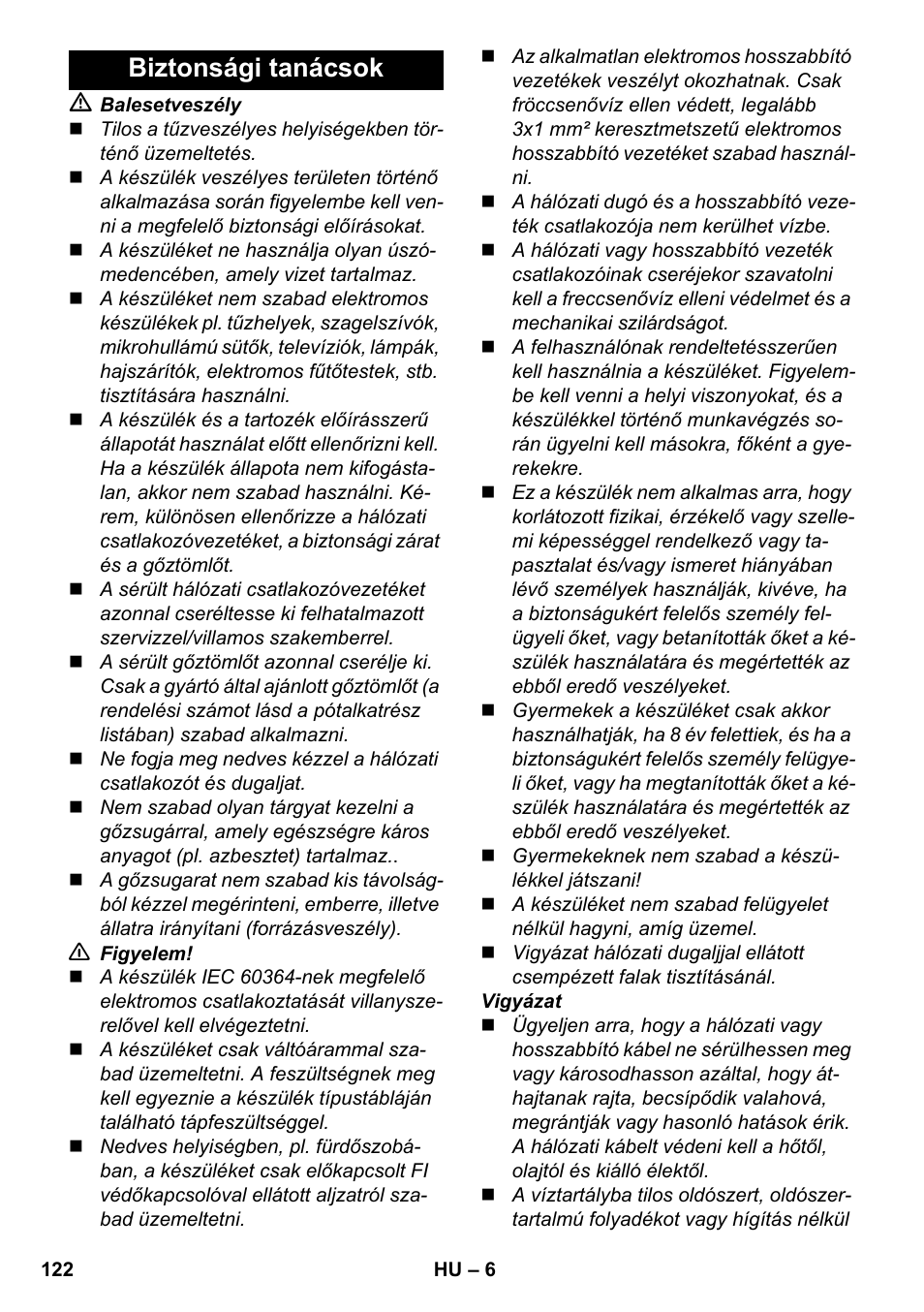 Biztonsági tanácsok | Karcher SC 3-000 User Manual | Page 122 / 246
