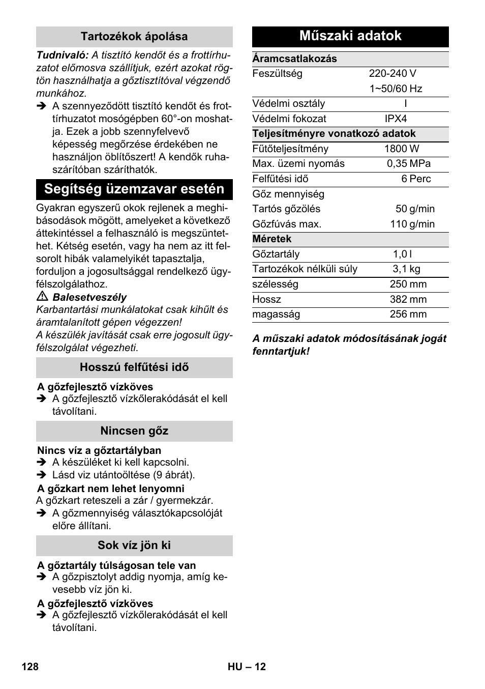 Segítség üzemzavar esetén, Műszaki adatok | Karcher SC 3-000 User Manual | Page 128 / 246