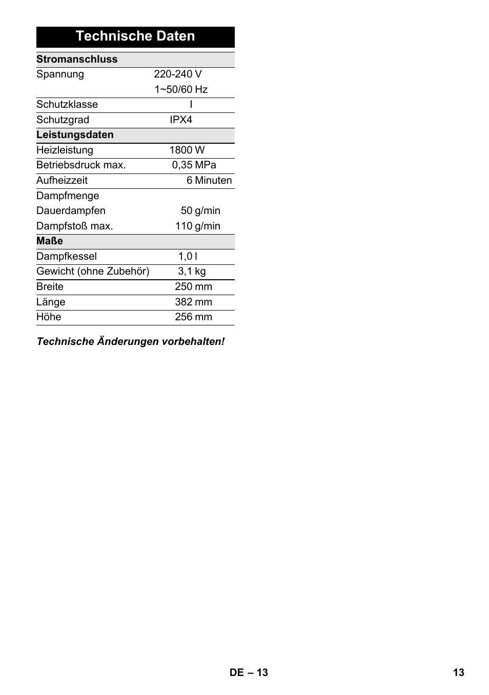 Technische daten | Karcher SC 3-000 User Manual | Page 13 / 246