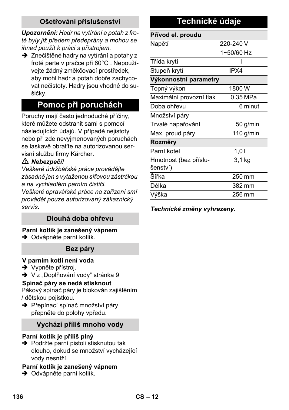 Pomoc při poruchách, Technické údaje | Karcher SC 3-000 User Manual | Page 136 / 246