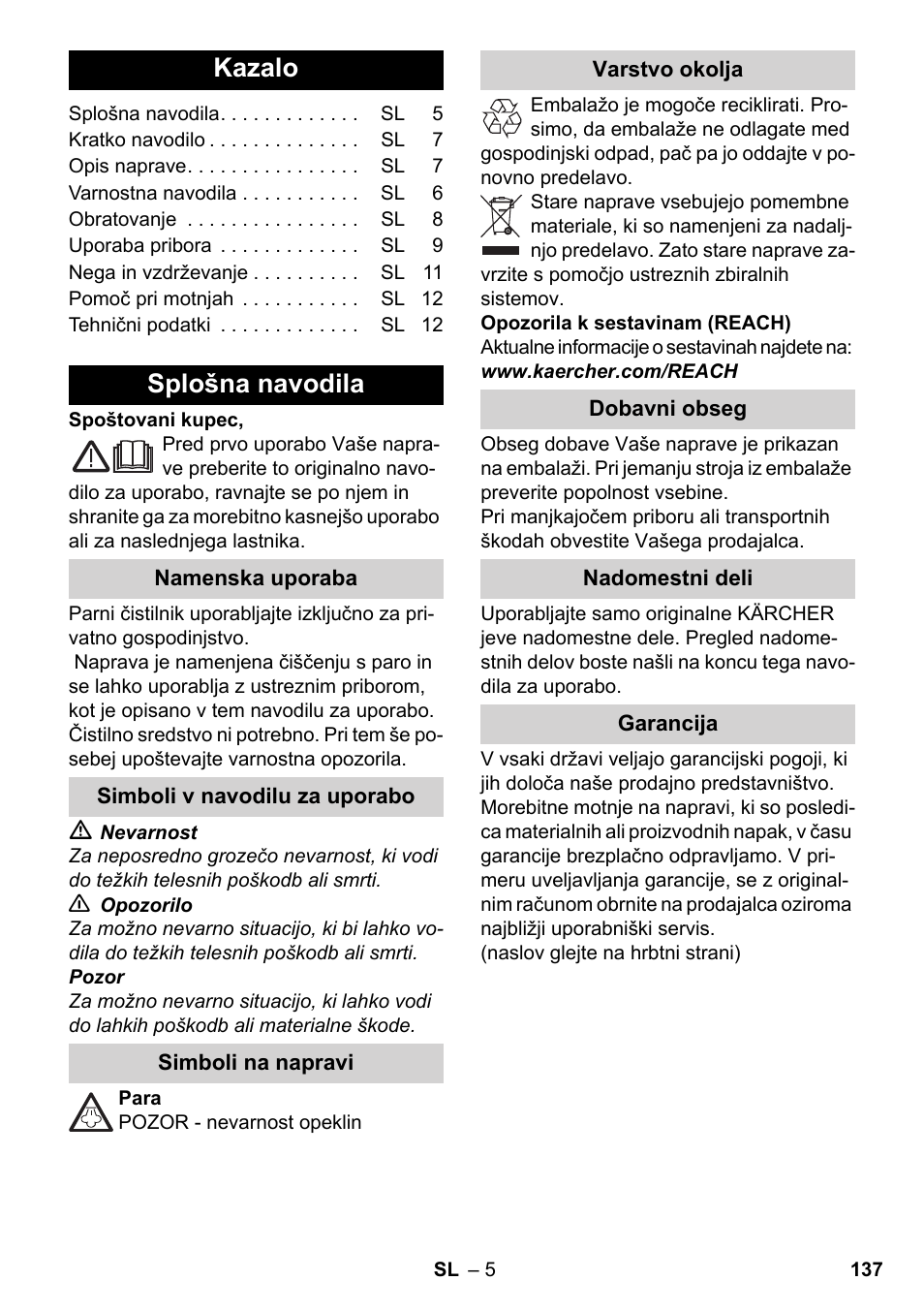 Slovenščina, Kazalo, Splošna navodila | Karcher SC 3-000 User Manual | Page 137 / 246