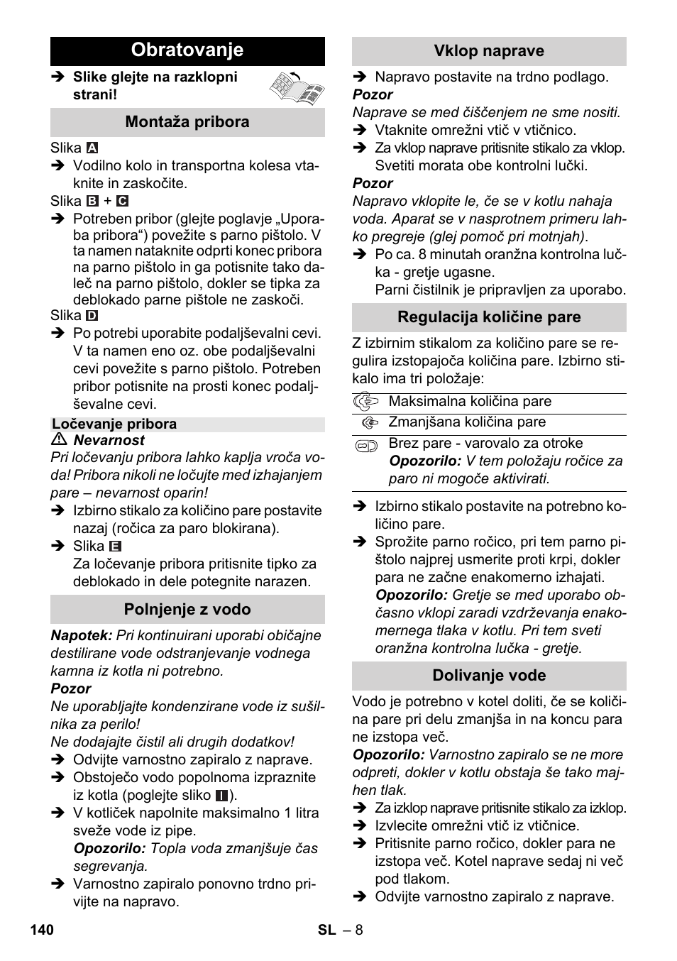 Obratovanje | Karcher SC 3-000 User Manual | Page 140 / 246