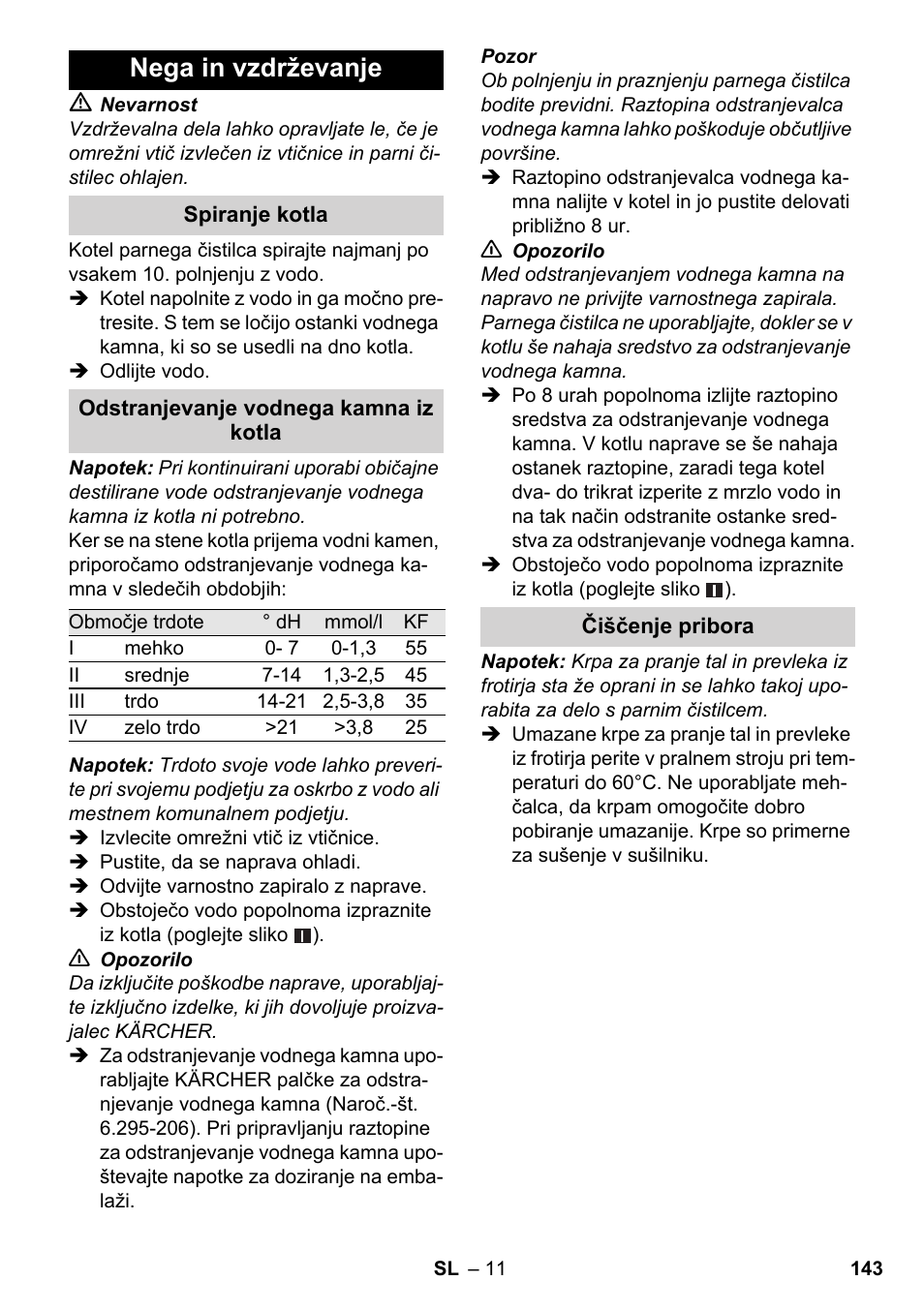 Nega in vzdrževanje | Karcher SC 3-000 User Manual | Page 143 / 246