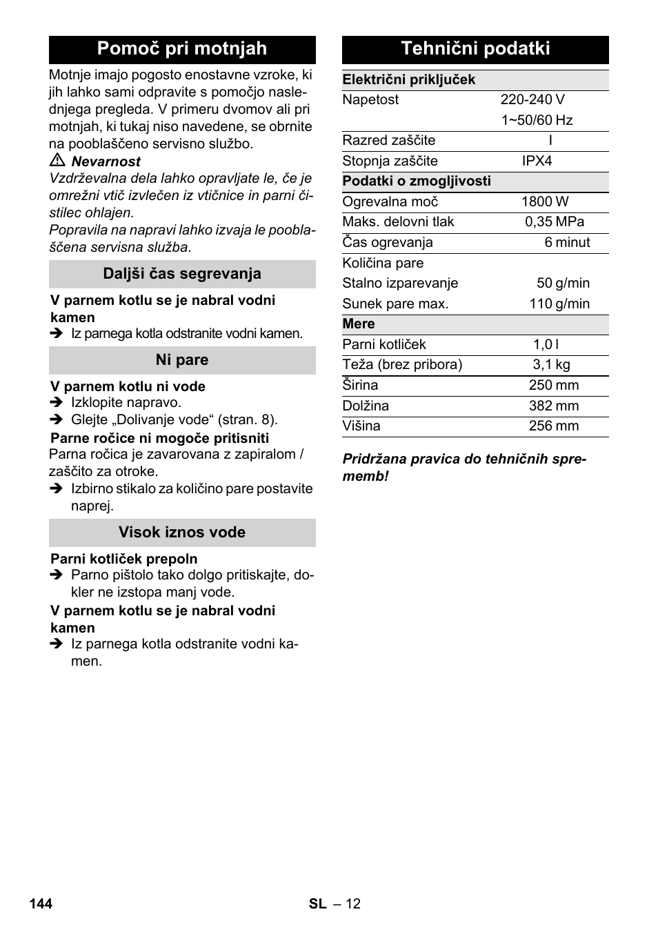 Pomoč pri motnjah, Tehnični podatki | Karcher SC 3-000 User Manual | Page 144 / 246